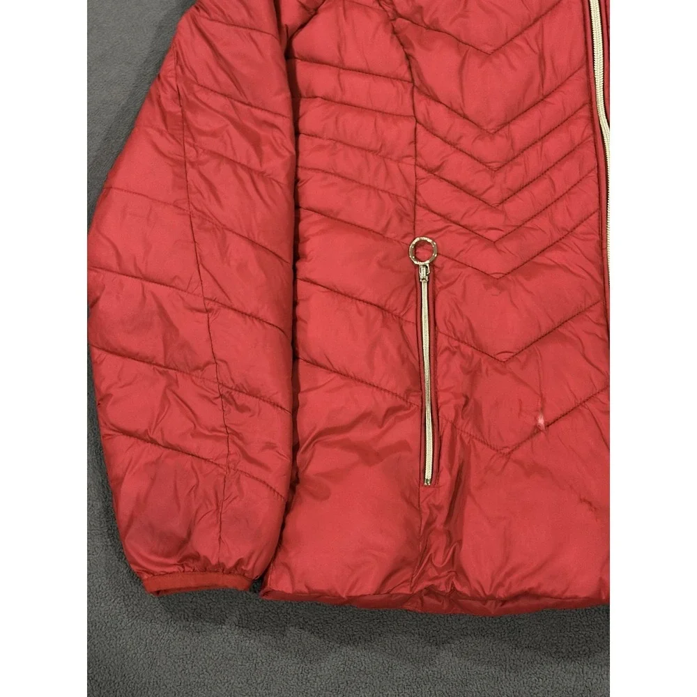 Michael Kors Packable Puffer Jacket Womens Small Red Lined Down Hooded Full Zip